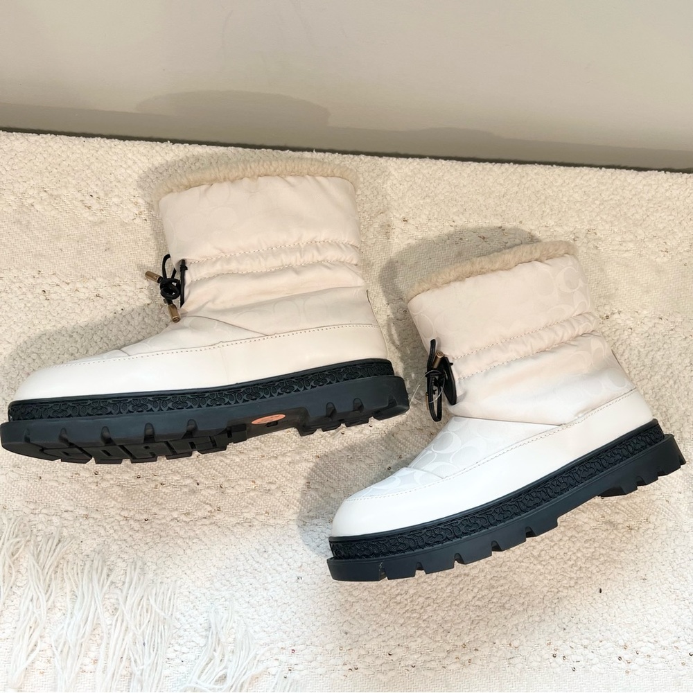 COACH Kailee Boots Off White Nylon/Lamb Fur/Black Leather Winter Booties 9.5 NEW - Picture 6 of 13